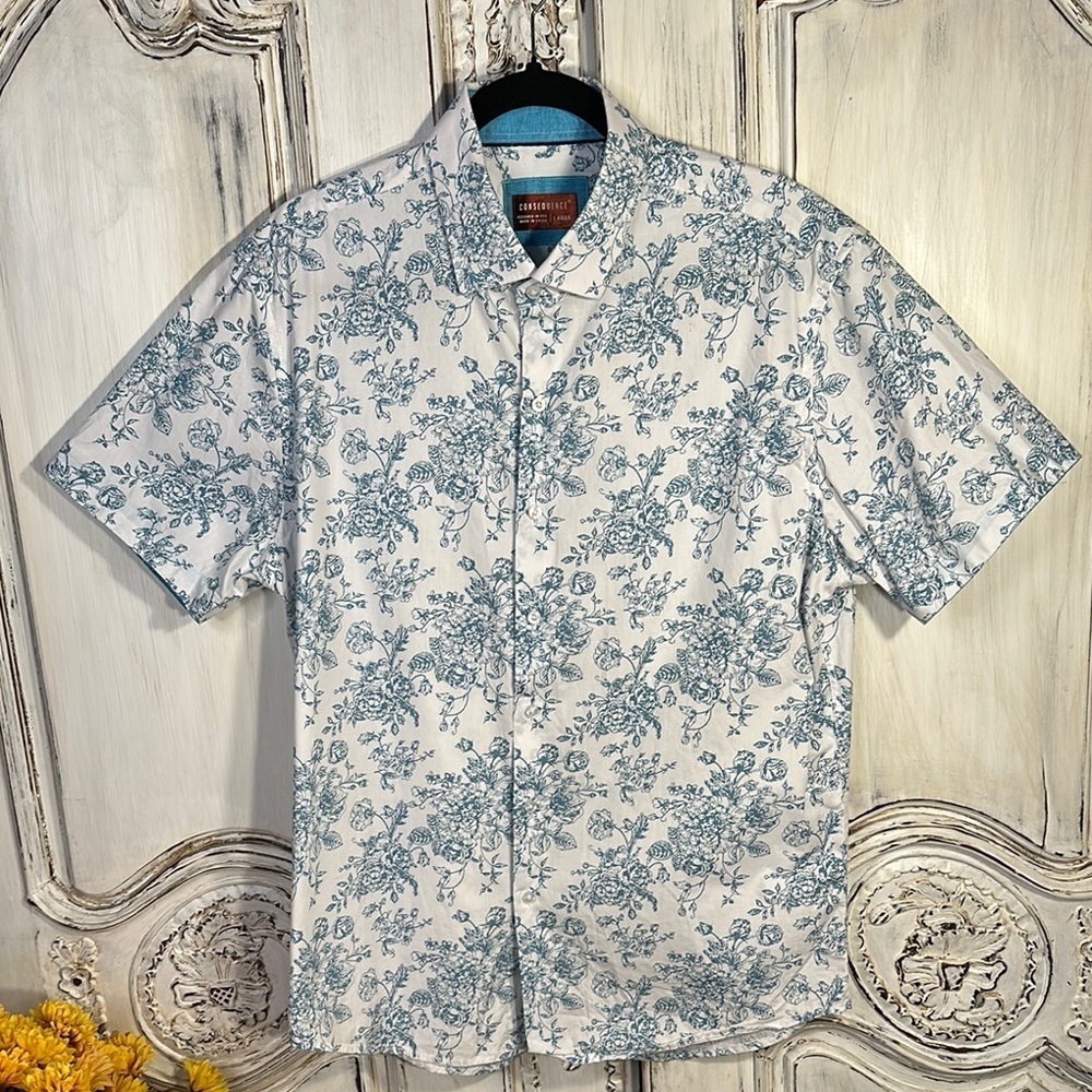 Men’s John Ashford White and Blue Floral Button Down Shirt